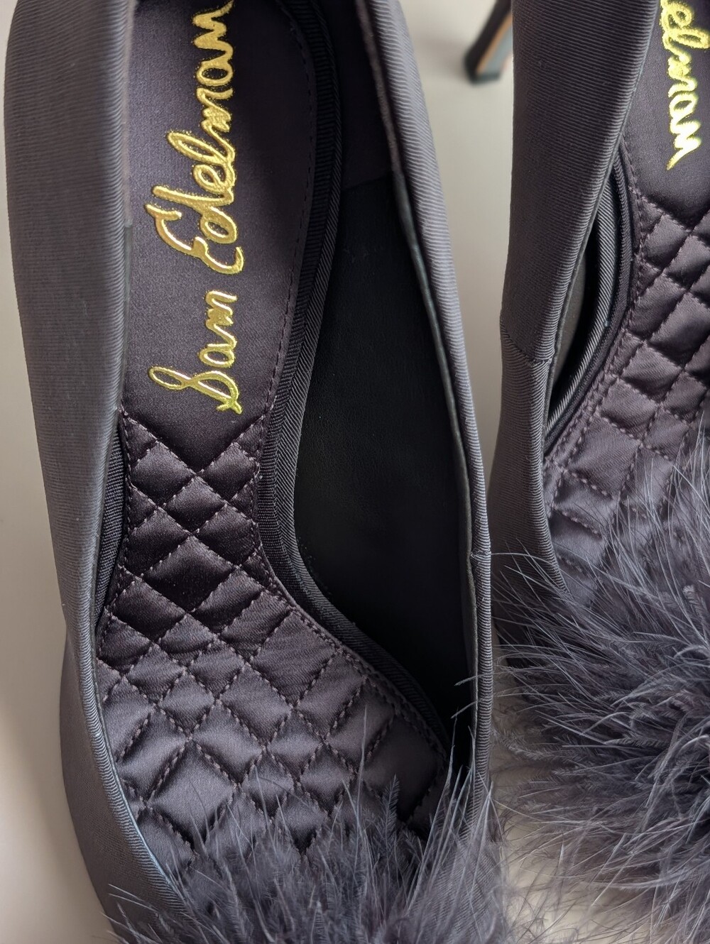 NWT Sam Edelman Hazel Feather Embellished Pumps Cocoa Satin Size 8 MSRP $165 - Picture 13 of 14